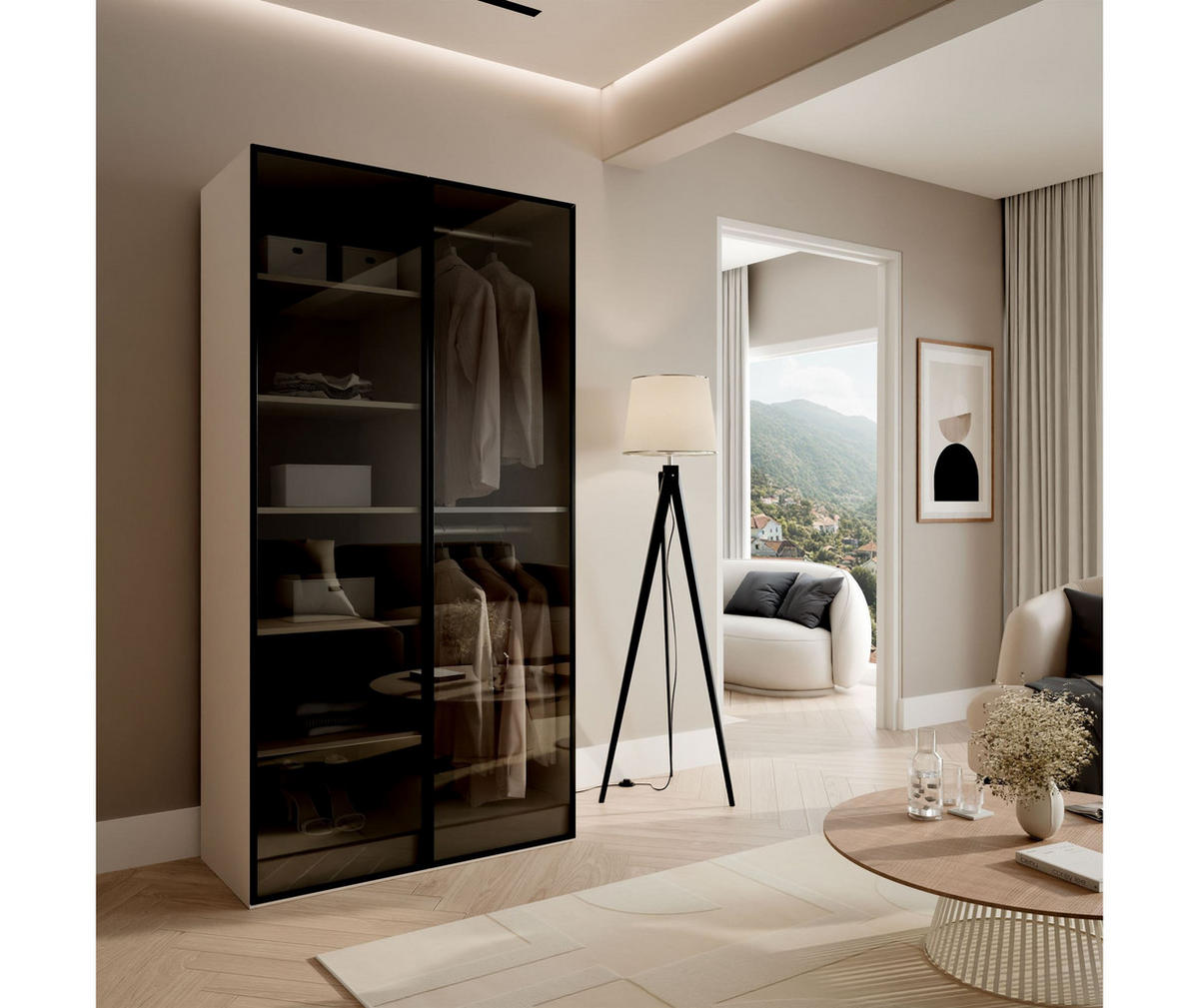 KLEIDERSCHRANK SANDBOX KASHMIR 100 101/49/200 cm Kaschmir / schwarzes Glas mit LED 4 Zusatzböden - Kaschmir/Schwarz, Holzwerkstoff/Kunststoff (101/200/49cm) - Lookway