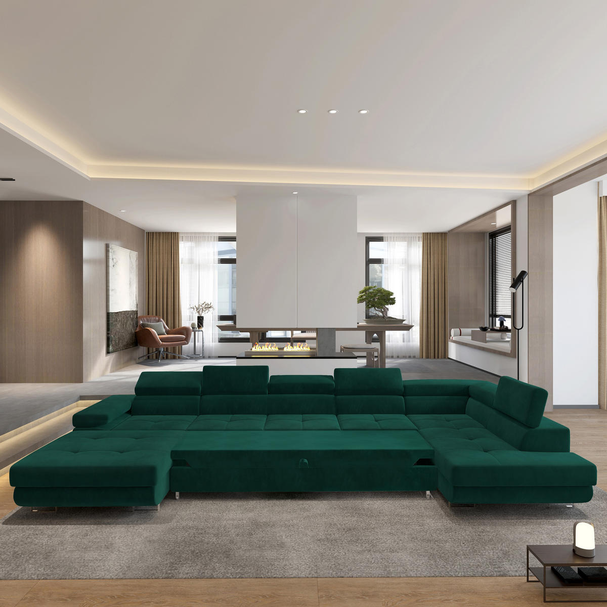 WOHNLANDSCHAFT TORIVA R-S Grün Velours-Stoff mit Schlaffunktion - Grün, Holz (418/90/202cm) - MASSENO