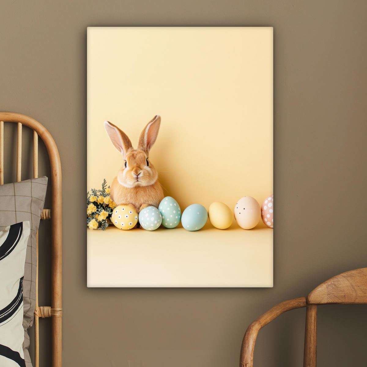 LEINWANDBILD Eier - Kaninchen - Pastellfarbtöne Wandbild Wohnzimmer 60x80 cm - Hellgelb, Textil (60/80cm) - MuchoWow