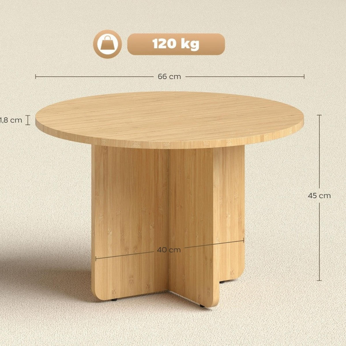 COUCHTISCH 66 cm aus Bambus mit Kreuzgestell - Naturfarben, Naturmaterialen (66/66/45cm) - BEAOK