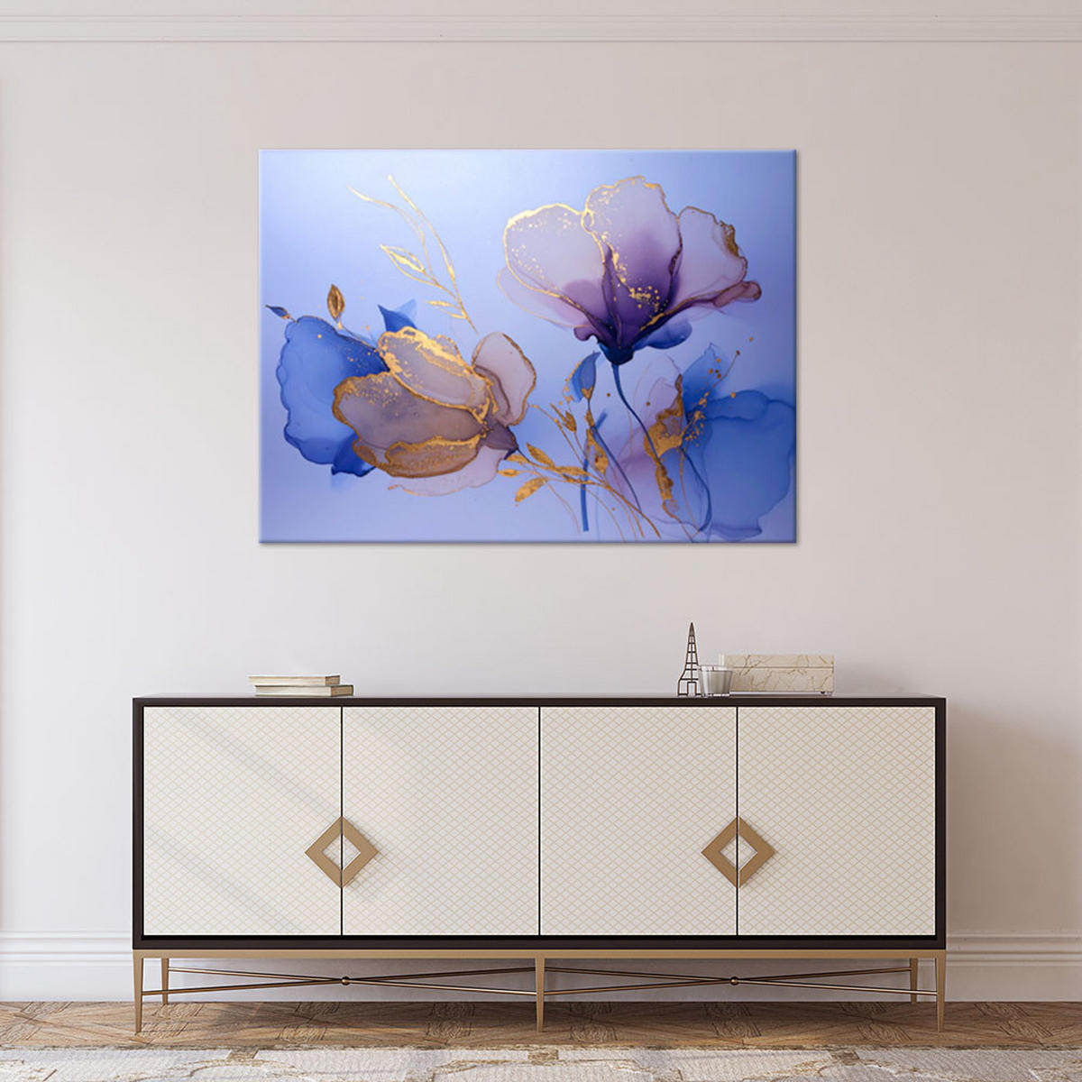 LEINWANDBILD, Blaue Blumen mit goldenen Linien - Blau, Textil (30/20cm) - Feeby