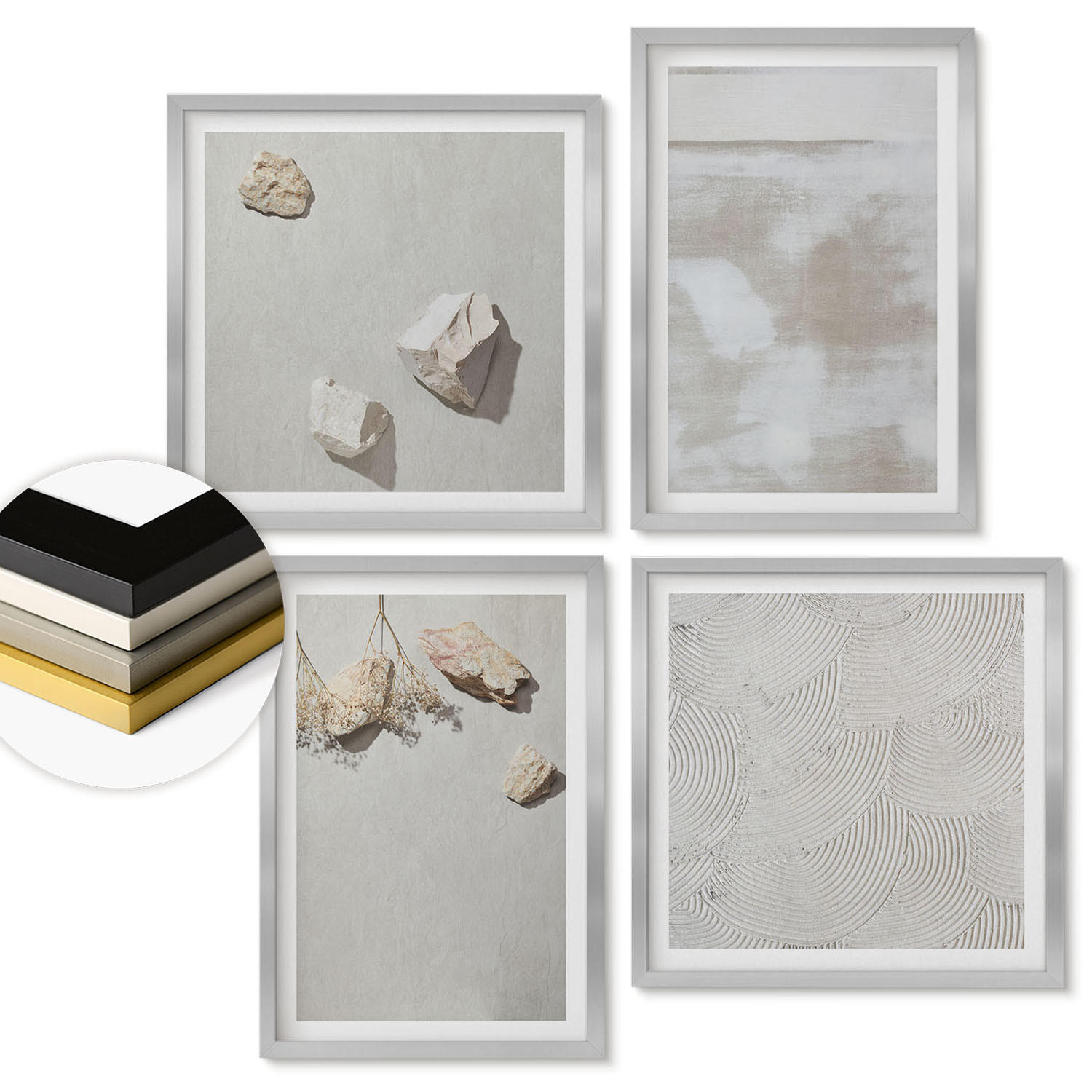 WANDBILDER 4er Set - 50x50 cm & 40x60 cm Silberner Rahmen - Boho-Textur aus Sandsteinen - Silberfarben, Kunststoff (50/50cm) - ArtPrintCave