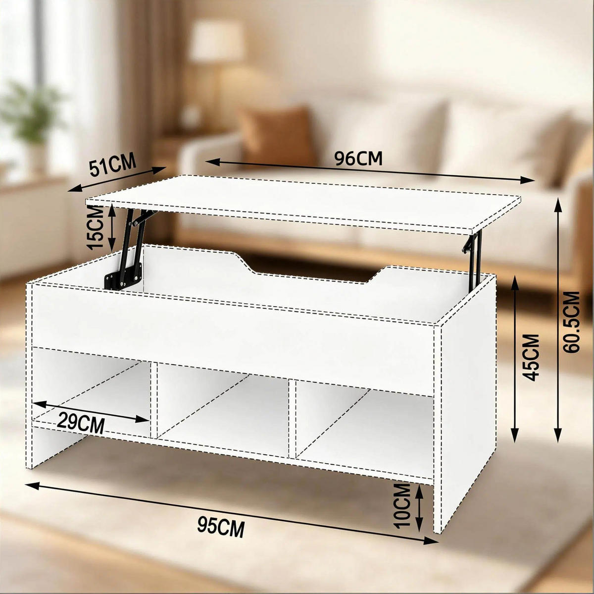 COUCHTISCH mit Liftfunktion 96 x 45 x 51 cm Holzwerkstoff Weiß - Weiß, Metall (96/51/45cm) - Meubliv