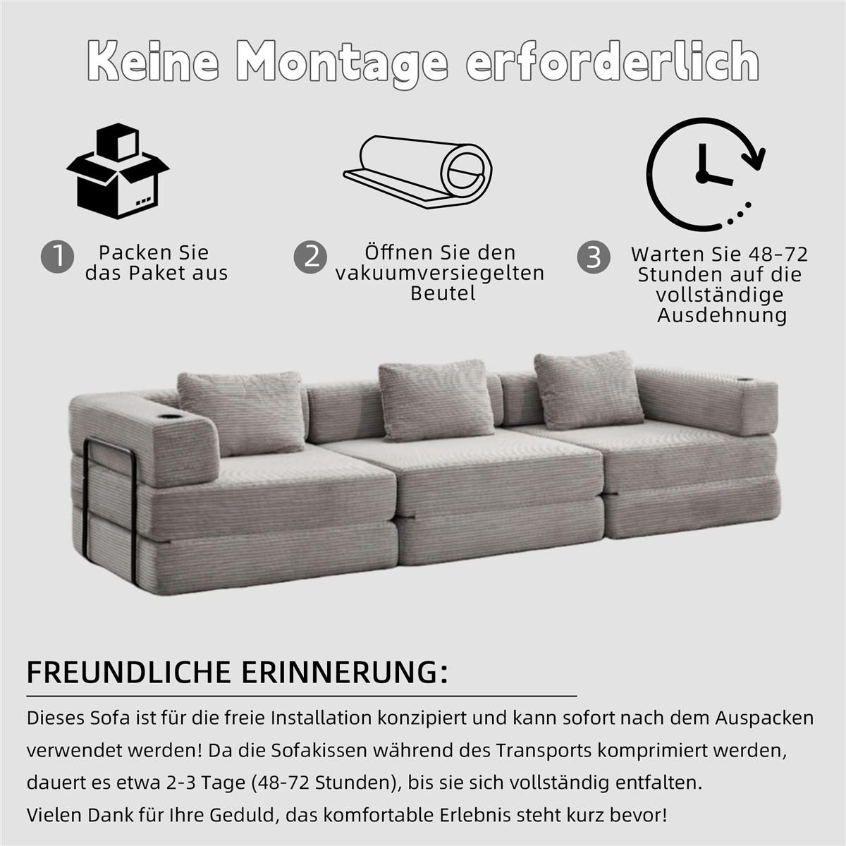 SCHLAFSOFA 3-Sitzer Cord mit Bettfunktion, faltbares Sofa - Grau, Textil (300/63/100cm) - Kaket