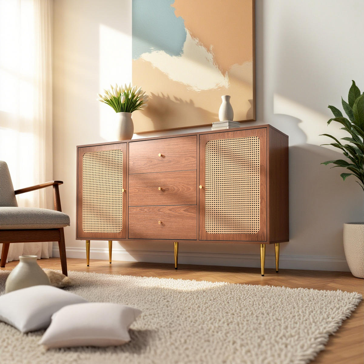 SIDEBOARD mit 2 Türen und 3 Schubladen - Braun, Holzwerkstoff (40/90/150cm) - Urban Meuble