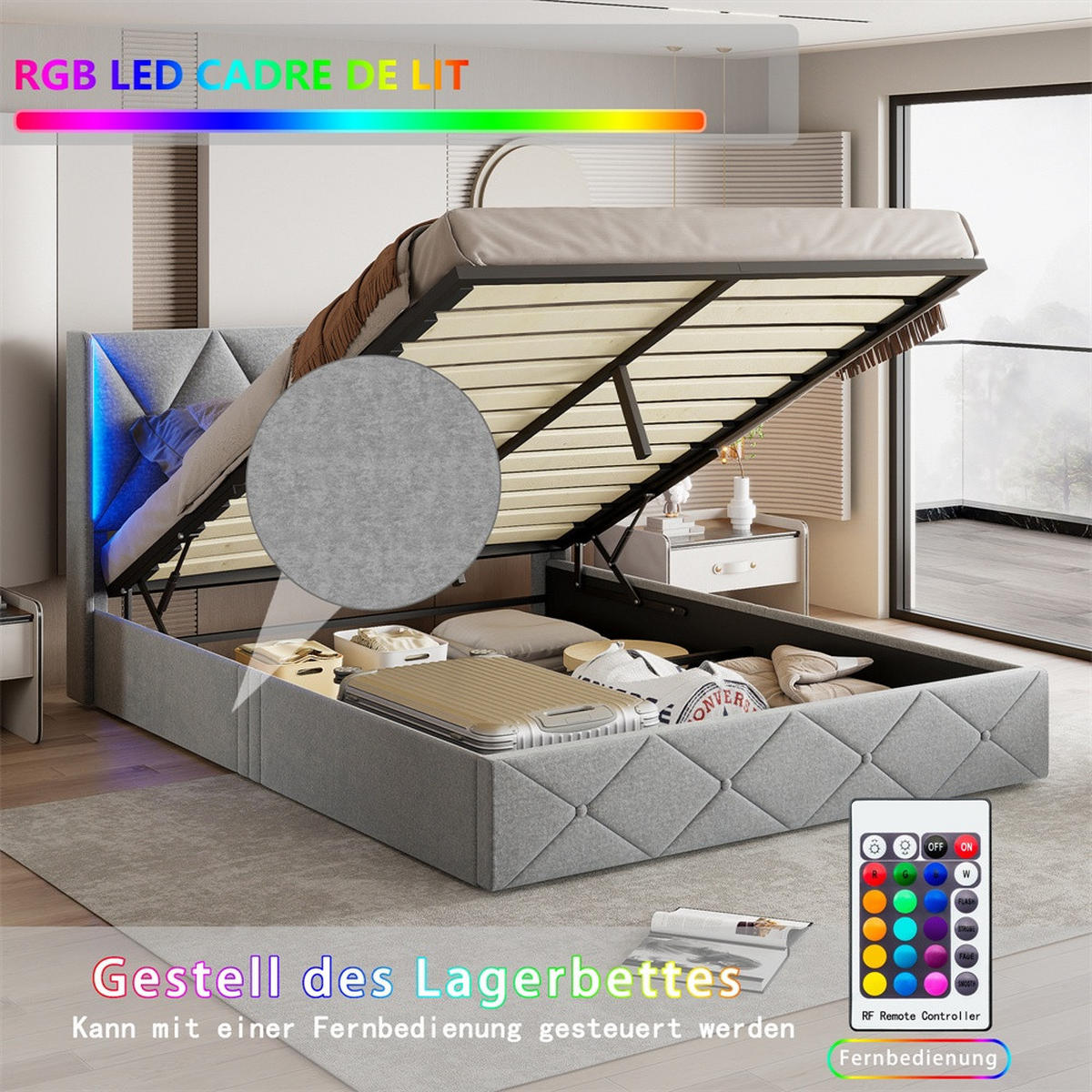 POLSTERBETT 140x200 cm mit LED-Beleuchtung - Kopfteil im Rautendesign und hydraulischem Stauraum - Grau - Grau, Textil (140/200cm) - DELFA