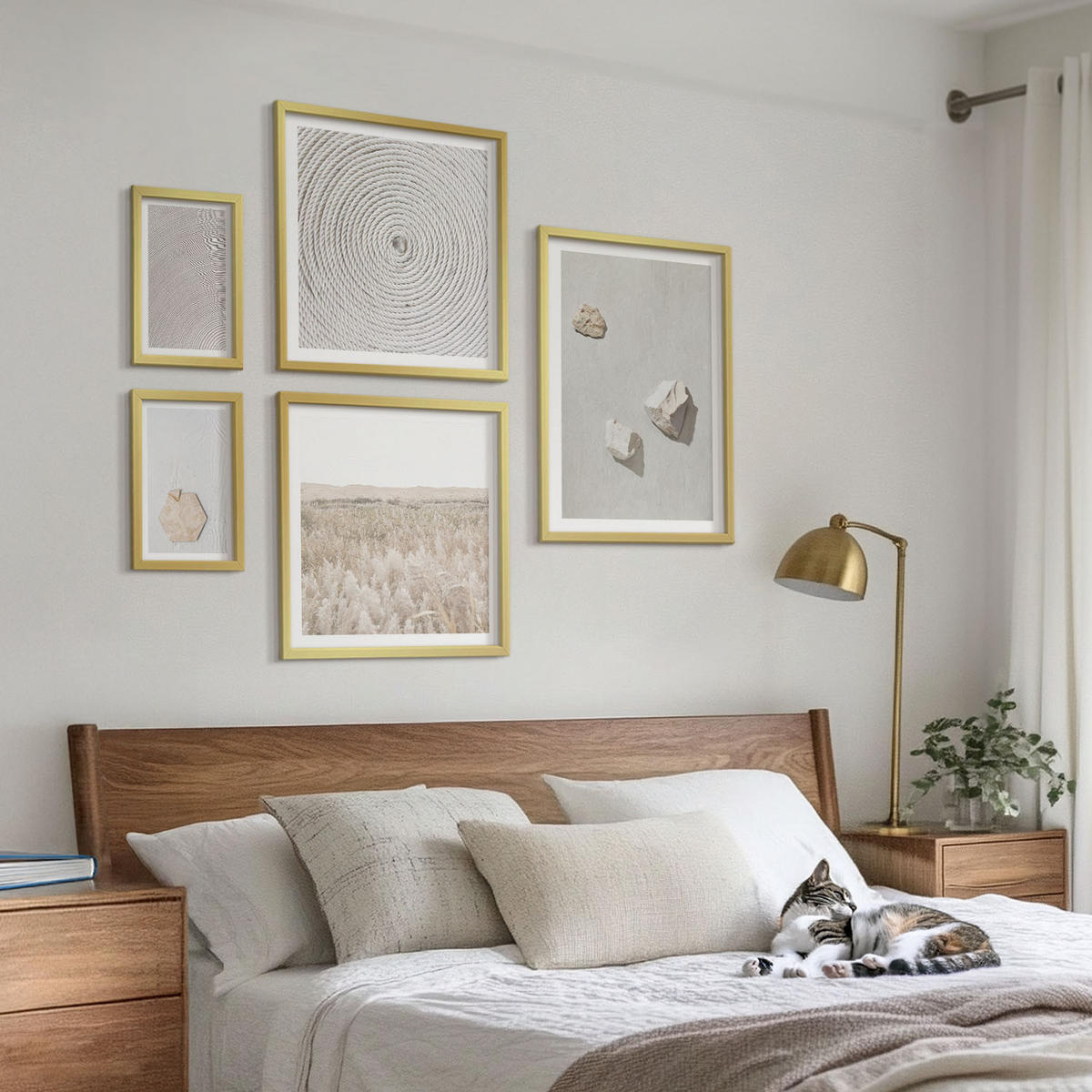WANDBILDER 5er Set - 50x50 cm & 20x30 cm & 40x60 cm Goldrahmen - Leichte Boho-Sandtexturen - Goldfarben, Kunststoff (40/60cm) - ArtPrintCave