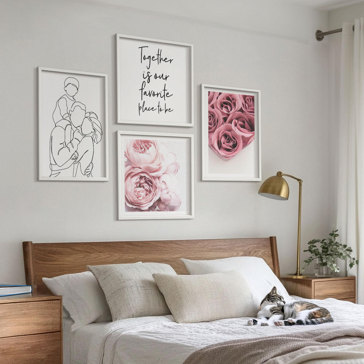BILDER SET 4er Set - 50x50 cm & 40x60 cm Weißer Rahmen - Rosensträuße als Familienzeichnung - Weiß, Kunststoff (50/50cm) - TULUP