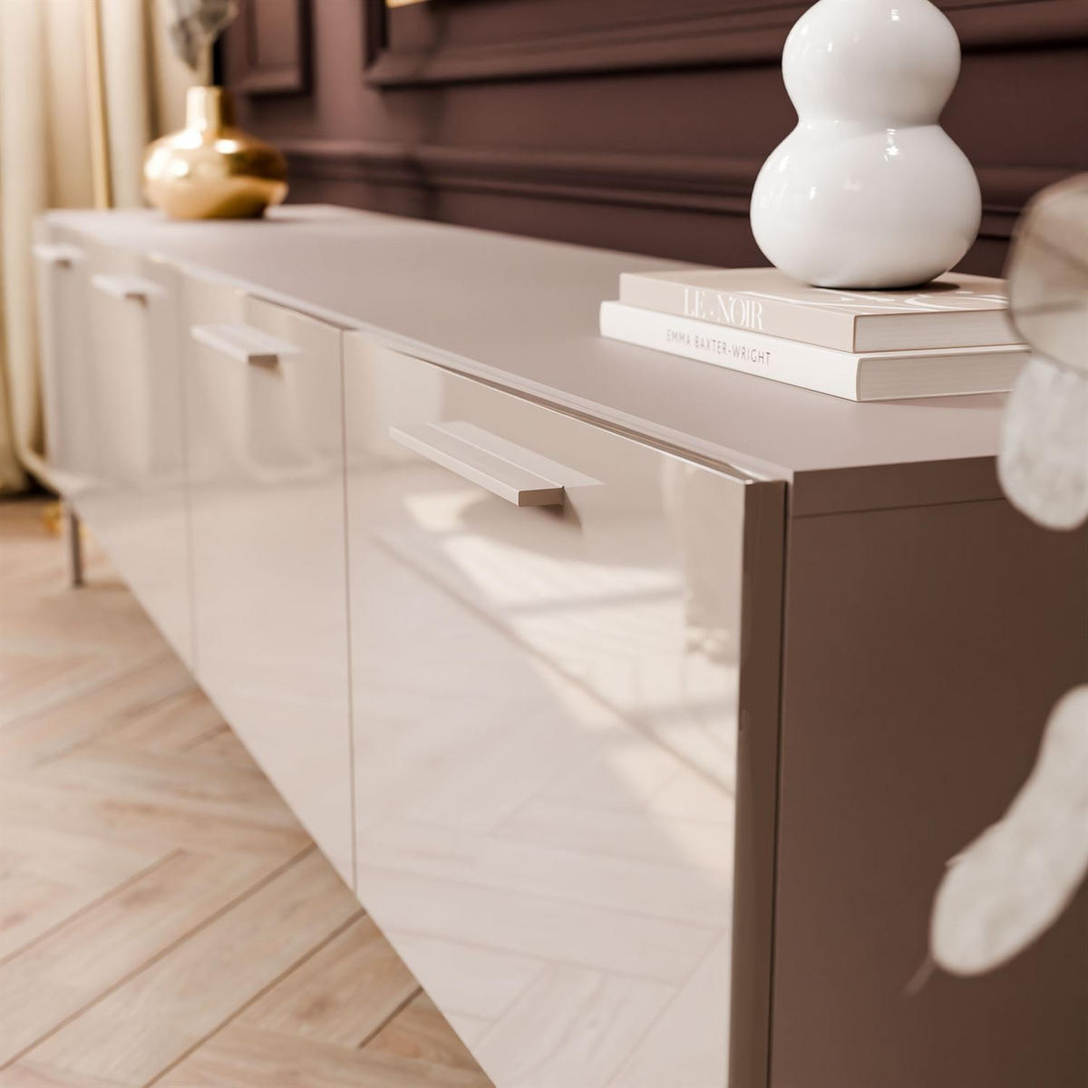 TV-ELEMENT AURA 200 KASCHMIR Hochglanz auf geraden kaschmirfarbenen Beinen + LED - Kaschmir, Holzwerkstoff (200/51/40cm) - Lookway