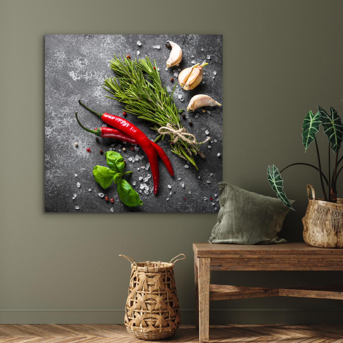 KOVOVÝ OBRAZ Korenie - bylinky - korenie - betón 90x90 cm - tmavosivá, kov (90/90cm) - MuchoWow