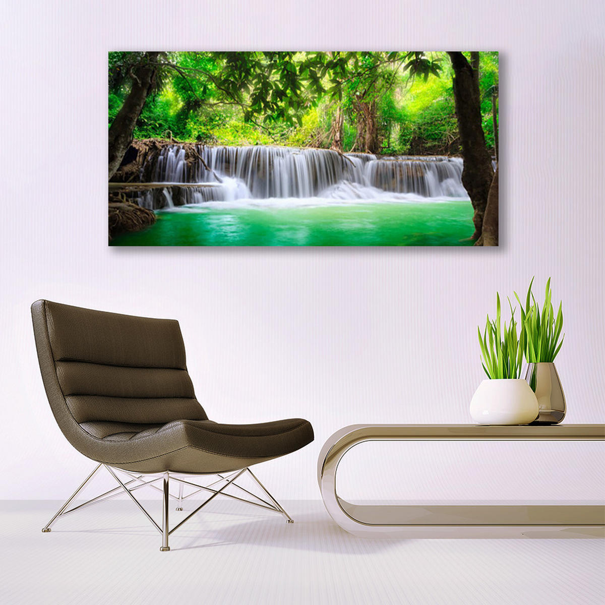 LEINWANDBILD 140x70 cm Wasserfall im Wald - Hellblau/Grün, Textil (140/4cm) - TULUP