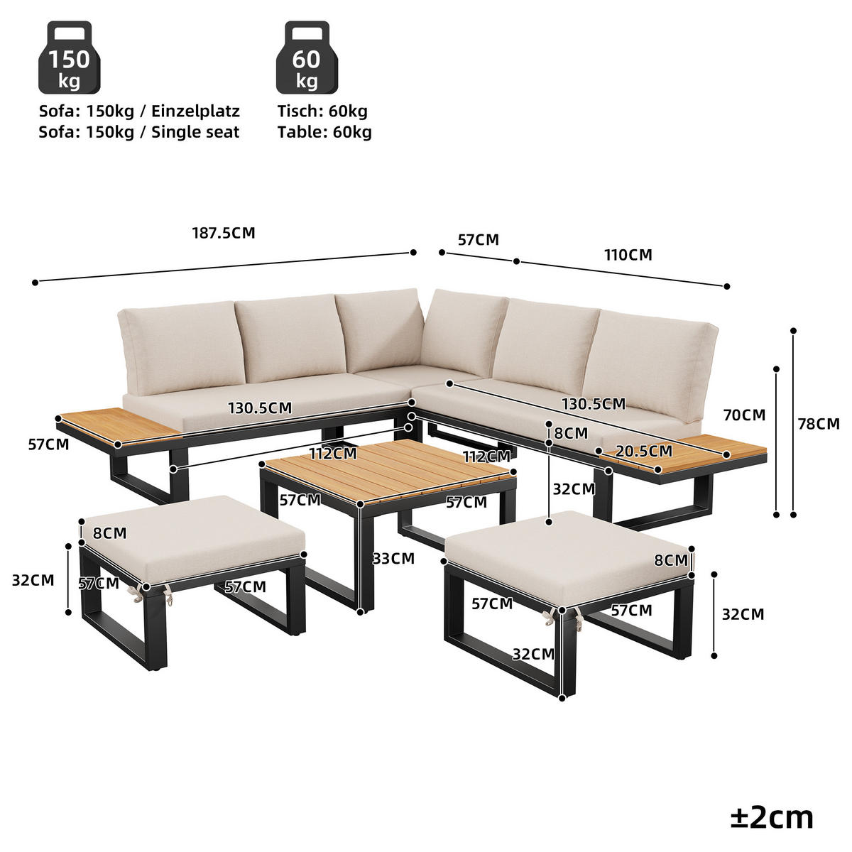 GARTENLOUNGE 6tlg Grau Beige Ecksofa Tisch Hocker verstellbar - Beige, Metall - FLIEKS