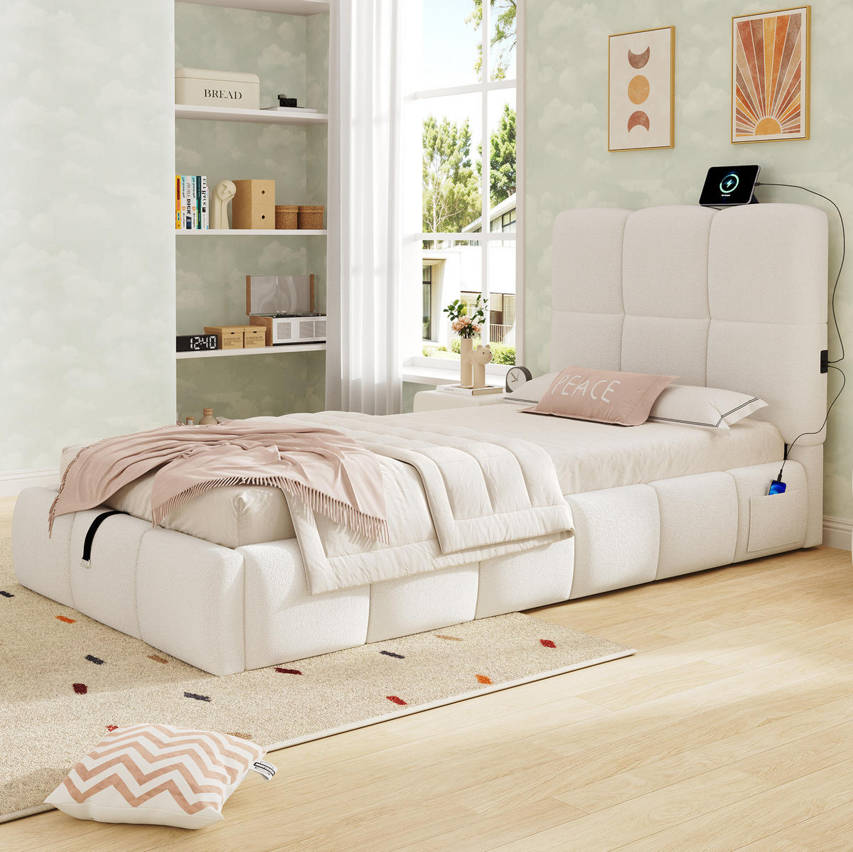 KINDERBETT 90/200 cm aus Bouclé mit Stauraum und USB-C-Anschluss Beige - Beige, Textil (90/200cm) - Modenvie
