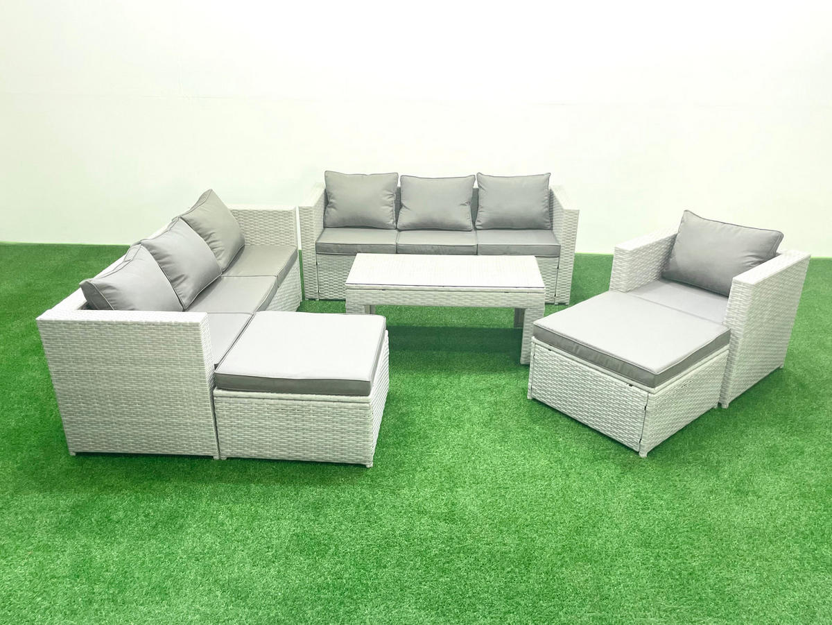 GARTENSOFA hohe Rückenlehne Polyrattan Hellgrau-Mix 9-Sitzer - Hellgrau/Grau, Glas/Kunststoff - Fimous