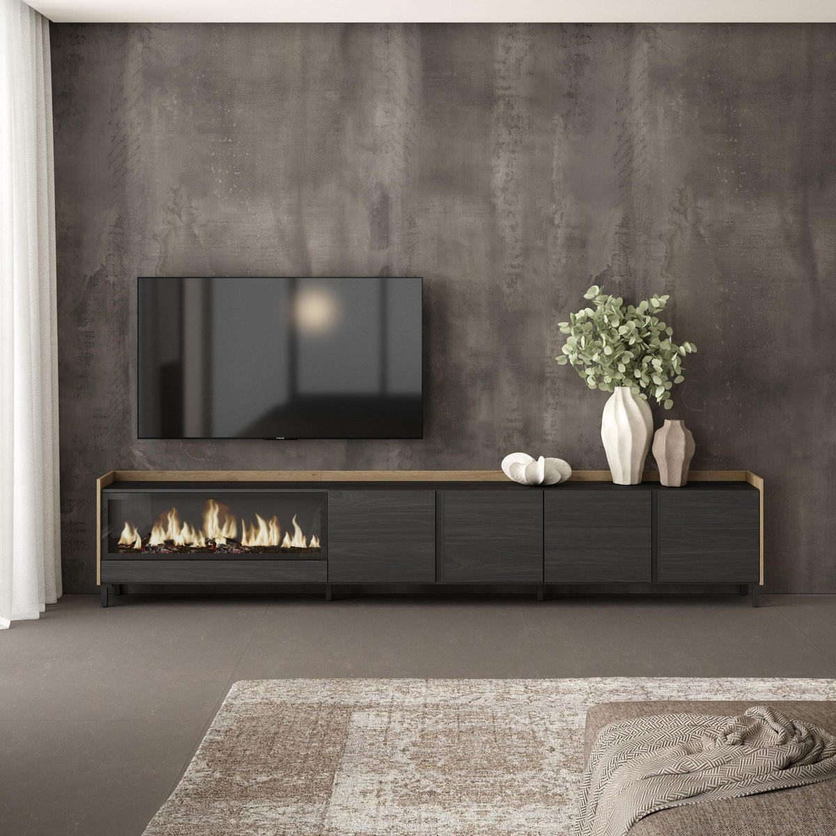 LOWBOARD, Schwarz und Eiche, 315/35/61cm, Kamin mit Feuereffekt XXL - Schwarz, Holzwerkstoff (315/61/35cm) - Skraut Home