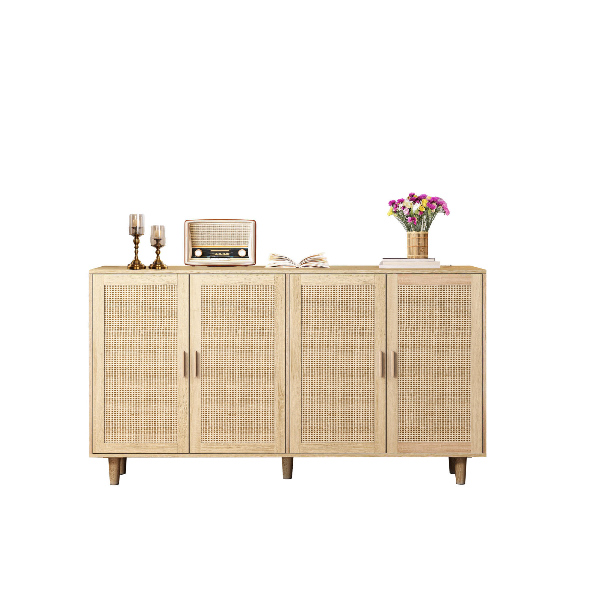 SIDEBOARD 158/40/88 cm aus Spanplatte mit 4 Rattantüren und verstellbarem Einlegeboden, Natur - Naturfarben, Holzwerkstoff (158/88/40cm) - Redom