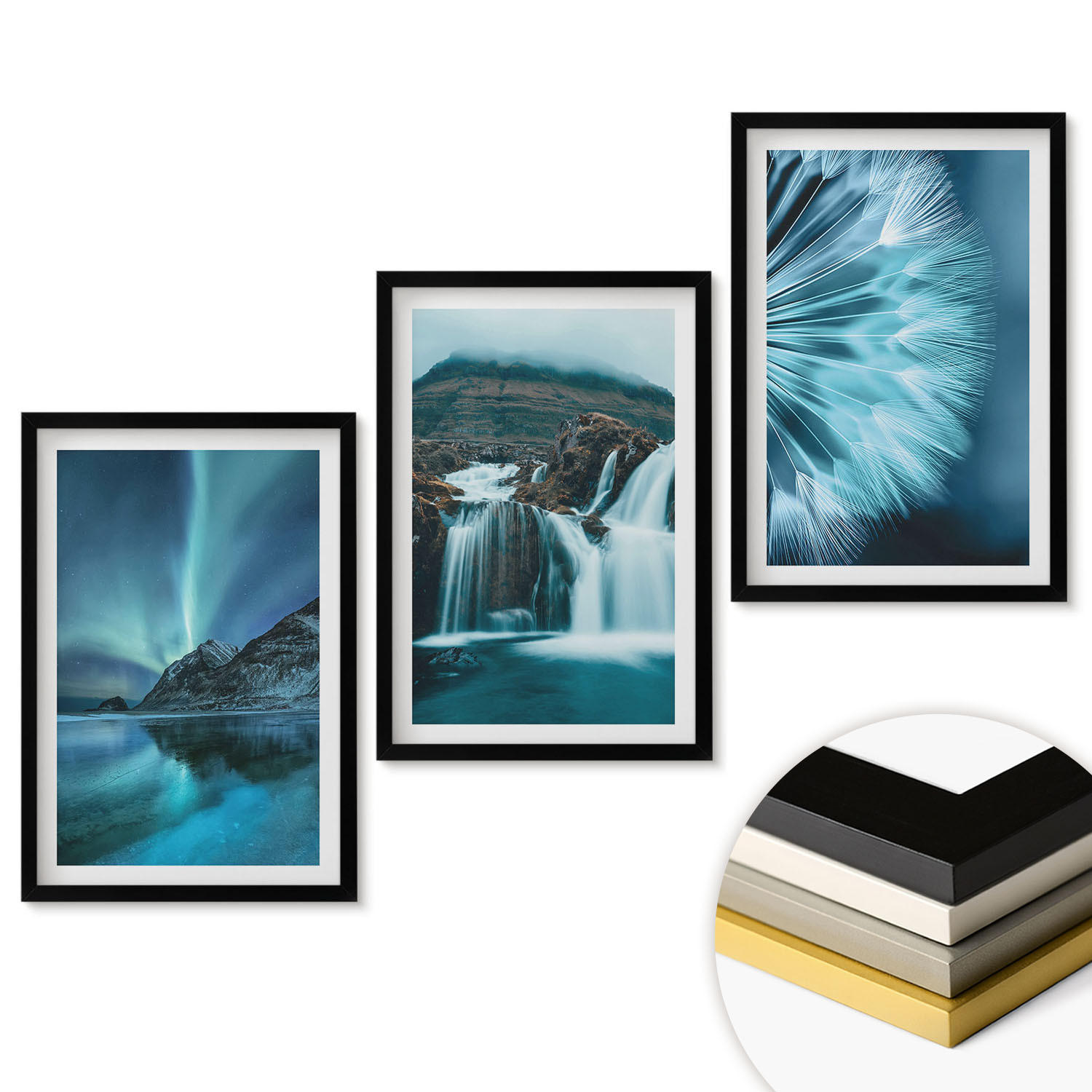 WANDBILDER 3er-Set - 40x60 cm Schwarzer Rahmen - Winterlandschaften mit Wasserfällen - Schwarz, Kunststoff (40/60cm) - ArtPrintCave