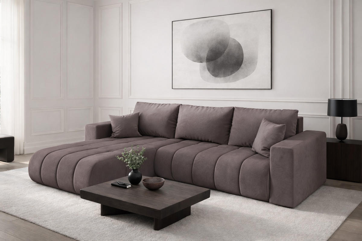 ECKSOFA mit schlaffunktion und bettkasten MILO PREMIUM, stoff MONOLITH, Lila, Links - Violett, Holz (280/190cm) - Kaiser Möbel