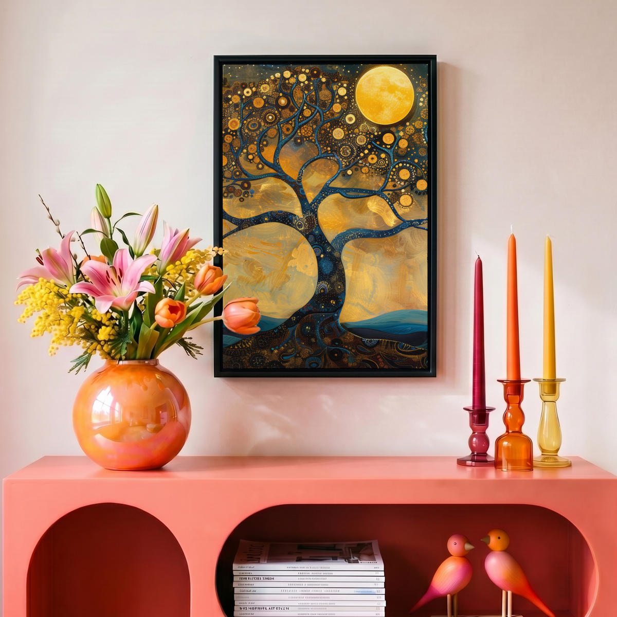 LEINWAND Bilder mit Rahmen - Baum - Mond - Blumen - Gold - Kunst - 20x30 - Orange, Textil (20/30cm) - MuchoWow