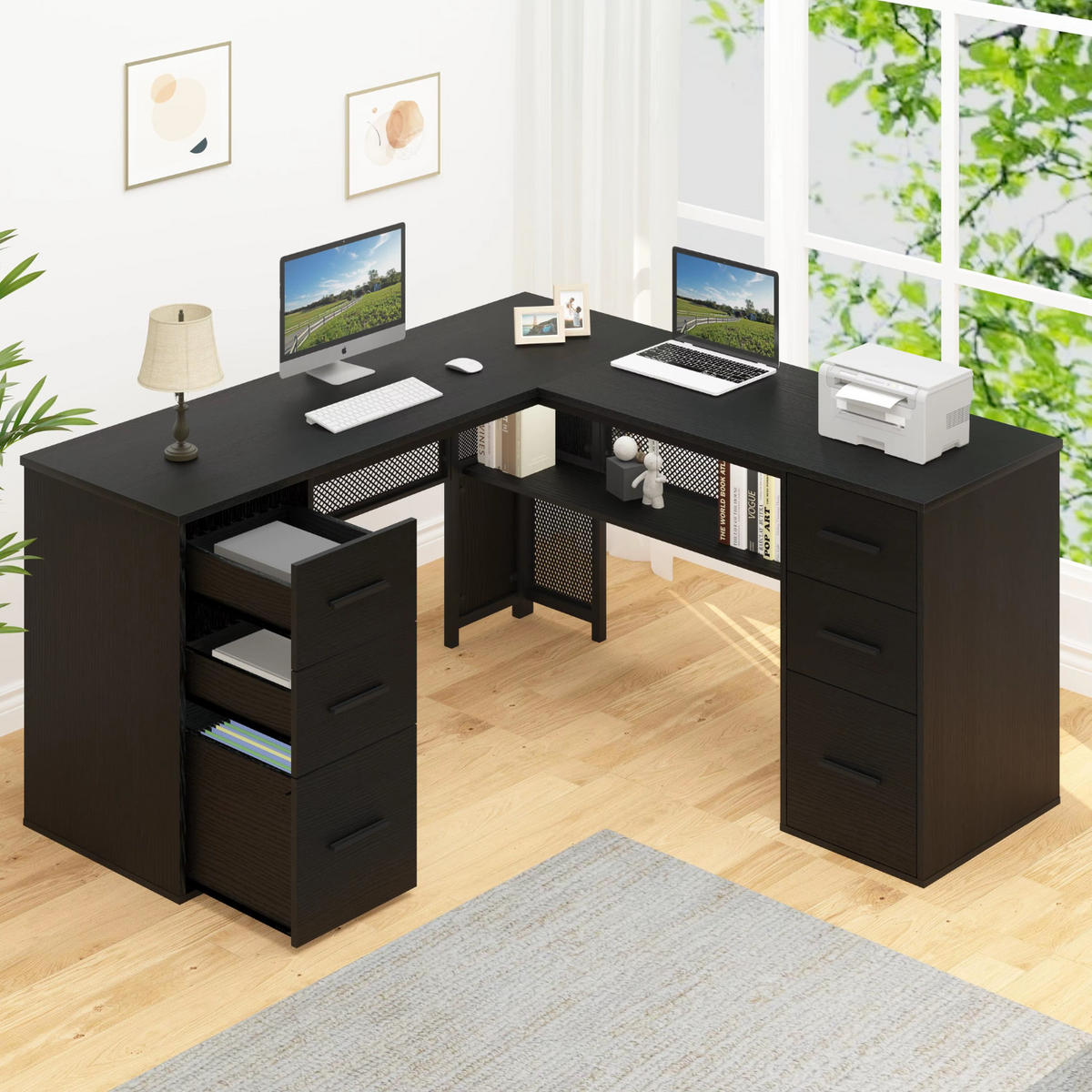 SCHREIBTISCH L-FORM mit Schubladen Eckschreibtisch 150 x 150 cm - Schwarz, Holzwerkstoff/Metall (150/150/76.2cm) - Quality Elegance