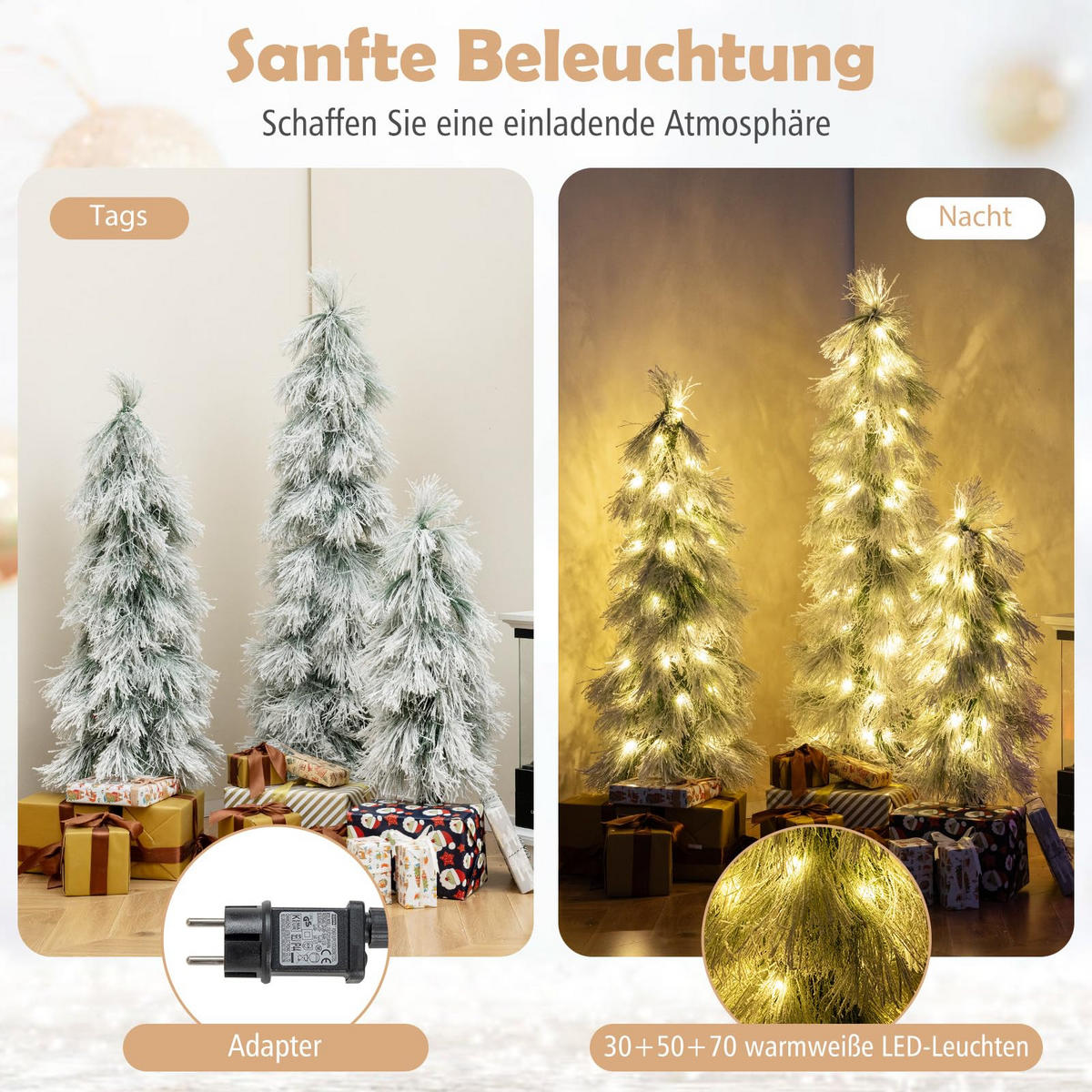 WEIHNACHTSBAUM Tannenform mit warmweißer Beleuchtung und Schnee 90/120/150 cm weiß - Weiß, Metall (150cm) - COSTWAY