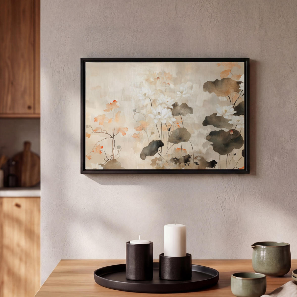LEINWAND Bilder mit Rahmen - Blumen - Japandi - Wabi sabi - 30x20 - Sandfarben, Textil (30/20cm) - MuchoWow
