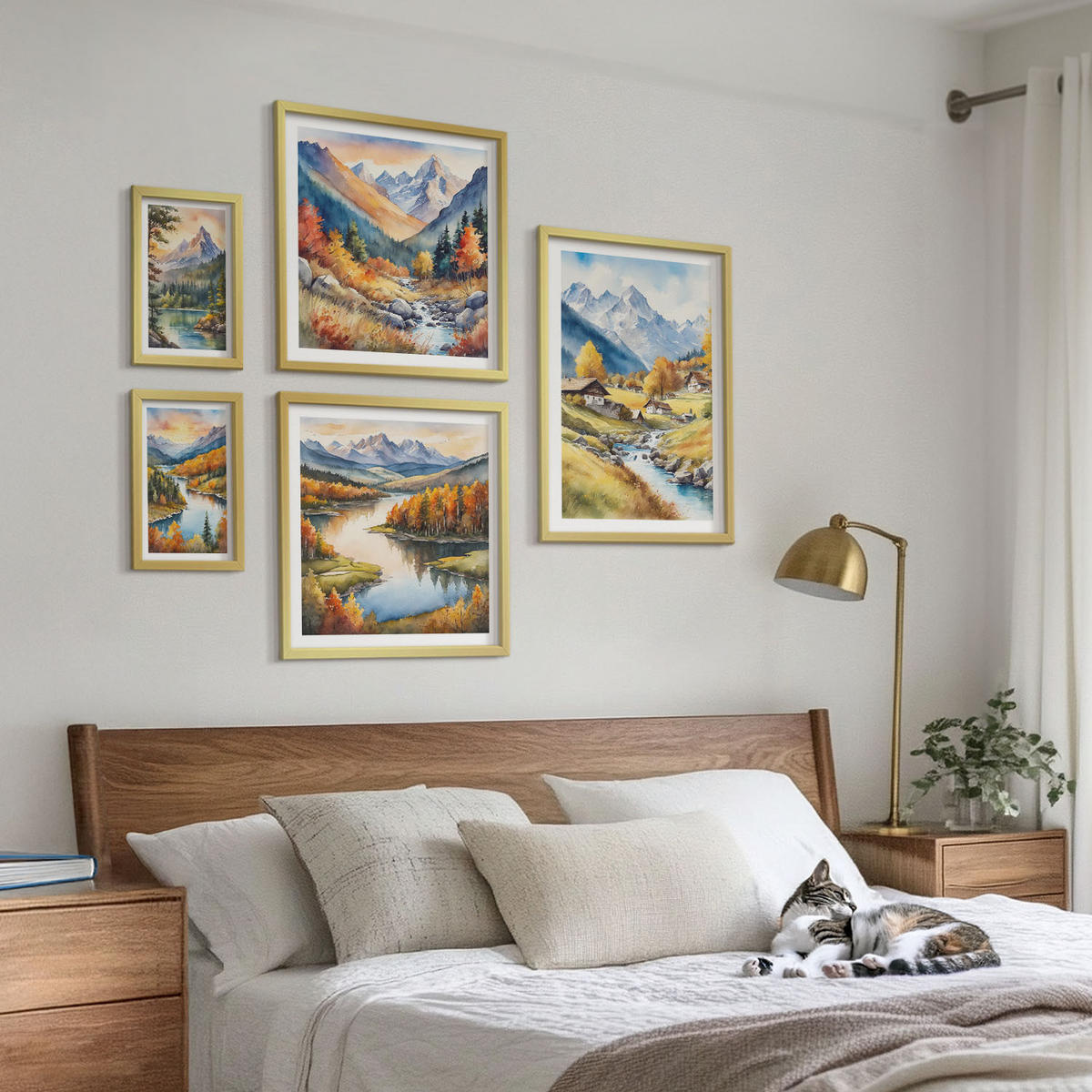 BILDER SET 5er Set - 50x50 cm & 20x30 cm & 40x60 cm Goldrahmen - Nachthimmel, Berge, Winter, Weltraum - Goldfarben, Kunststoff (40/60cm) - TULUP