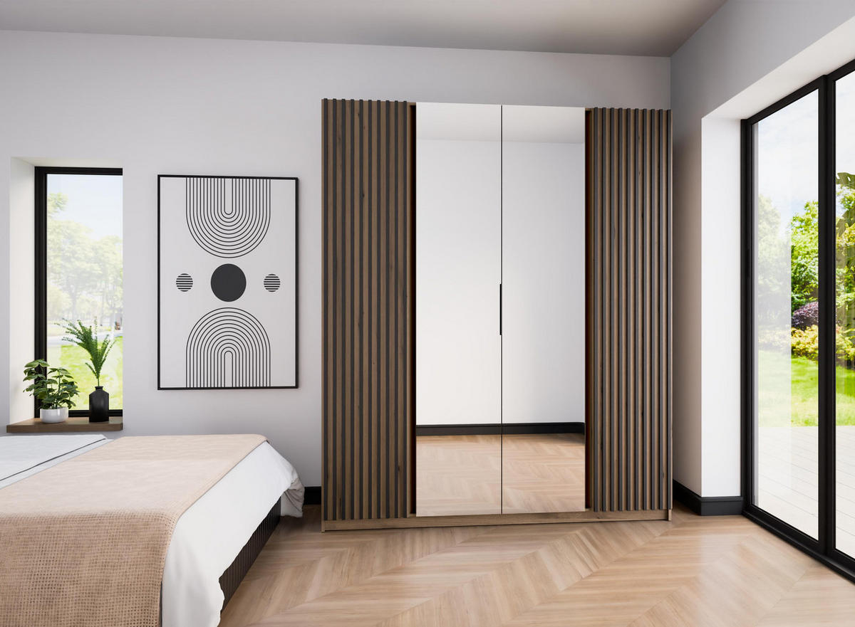 KLEIDERSCHRANK Nehir Korpus Eiche Evoke, Front Eiche Evoke/Schwarz 200 cm - 4T Modern mit Lamellentüren außen und Spiegeln mittig - Eichefarben, Holzwerkstoff/Kunststoff (200/239/61.9cm) - AX Living