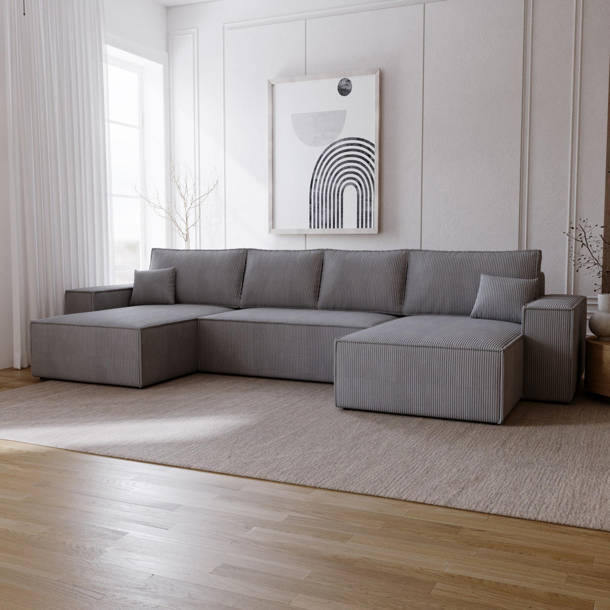 ECKSOFA U 380 cm Bergamo mit Schlaffunktion, Cordstoff, Grau - Grau, Holz (377/189cm) - Emporius