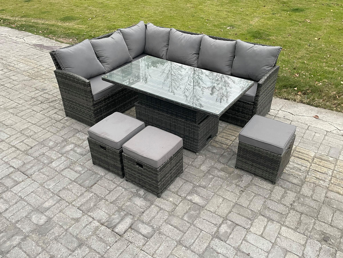 GARTENSET mit Höhenverstellbarer Tisch, Fußhocker Polyrattan Dunkelgrau 9-Sitzer - Dunkelgrau/Grau, Glas/Kunststoff - Fimous