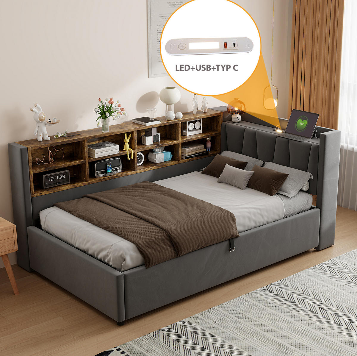 POLSTERBETT 90/200 cm Grau aus Samt mit Stauraum - Dunkelgrau, Textil (90/200cm) - OKMYHOME