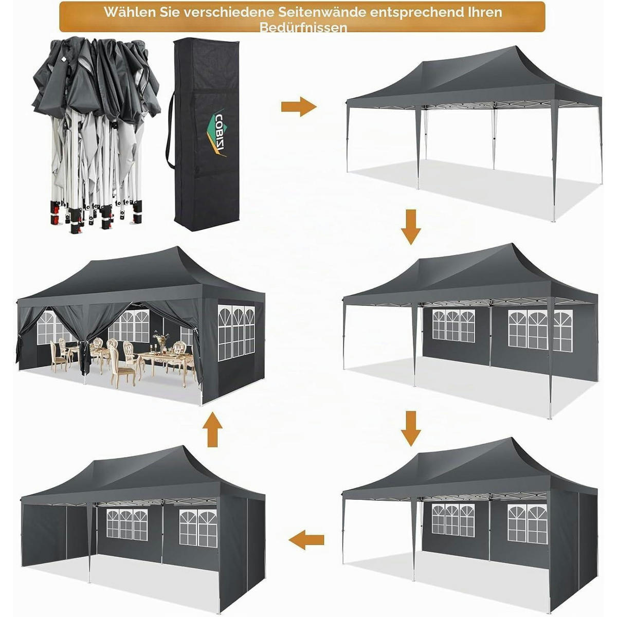 FALTPAVILLON 3 x 6 m Grau Wasserdicht mit 6 Seitenteilen - Grau, Textil (300/320/600cm)