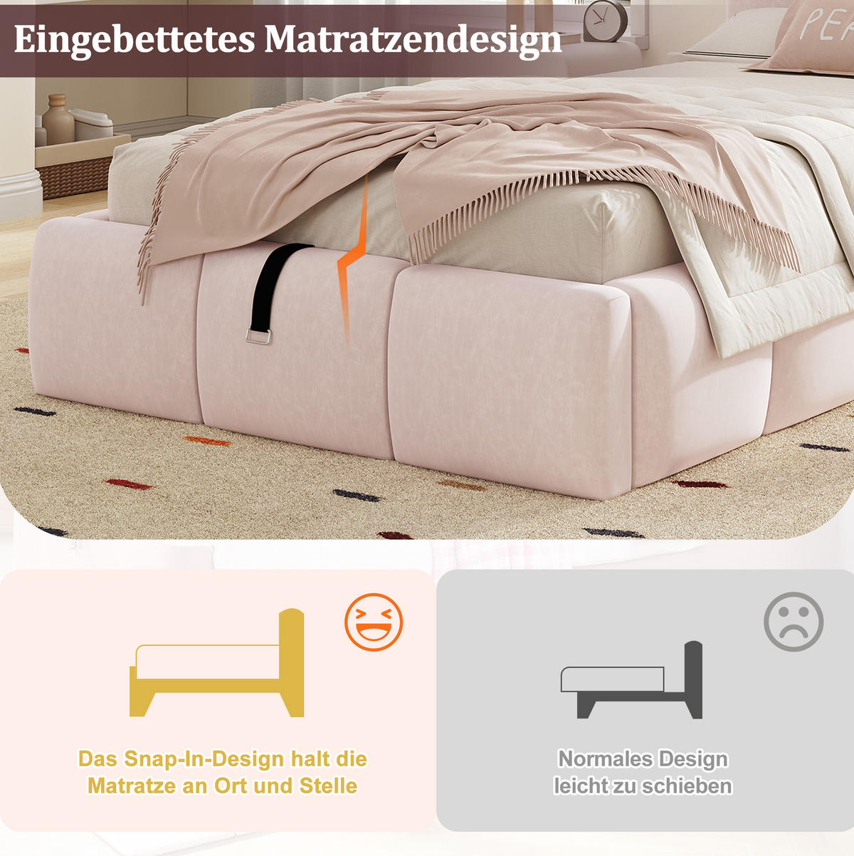 KINDERBETT 90/200 cm aus Samt mit Stauraum und USB-Anschluss Rosa - Pink, Textil (90/200cm) - Modenvie