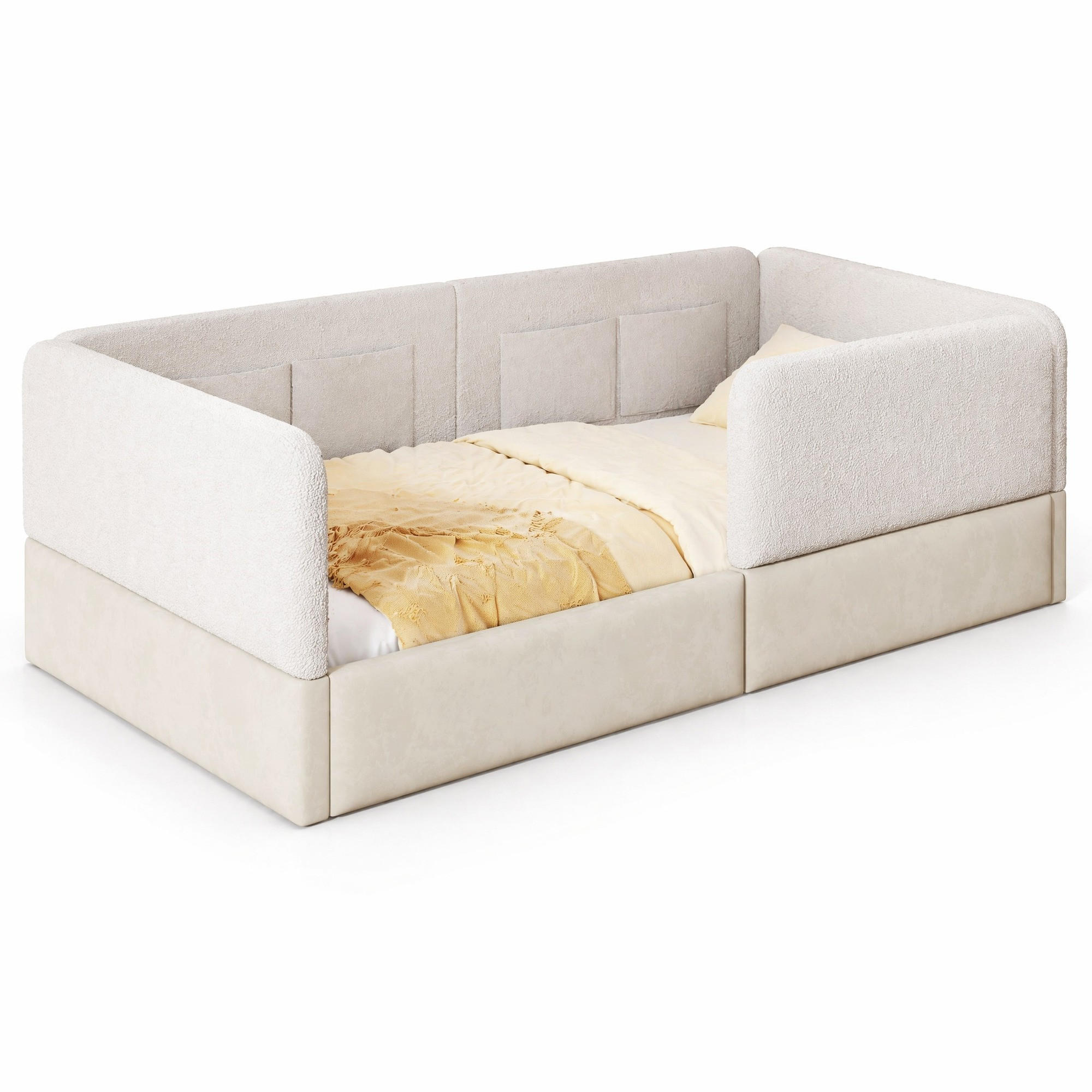 BOXBETT 90/200 mit Schutzgitter, 4 Aufbewahrungstaschen und gepolsterter Umrandung in Weiß - Weiß, Holzwerkstoff/Textil (90/200cm) - EVRYAE