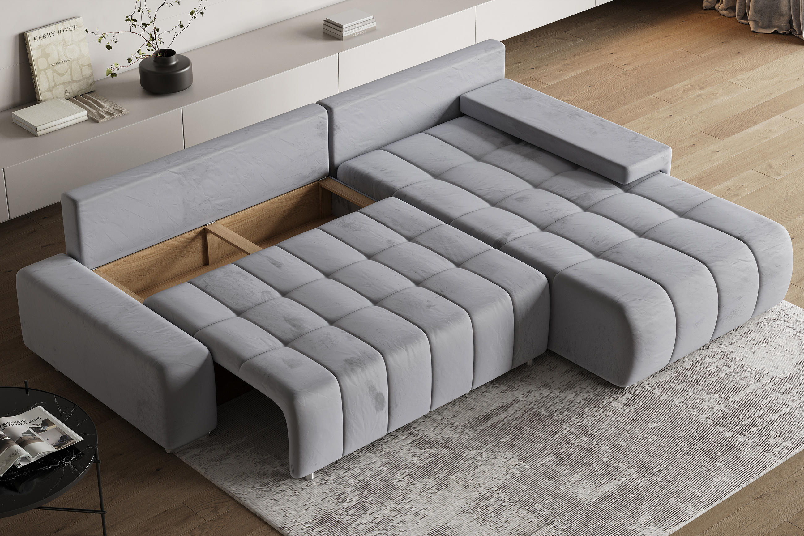 ECKSOFA ALESE R-S Hellgrau Velours-Stoff mit Schlaffunktion - Hellgrau, Holz (265/185cm) - MASSENO