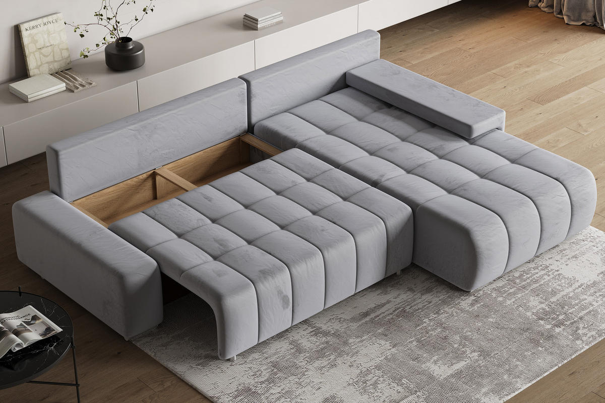 ECKSOFA ALESE R-S Hellgrau Velours-Stoff mit Schlaffunktion - Hellgrau, Holz (265/185cm) - MASSENO