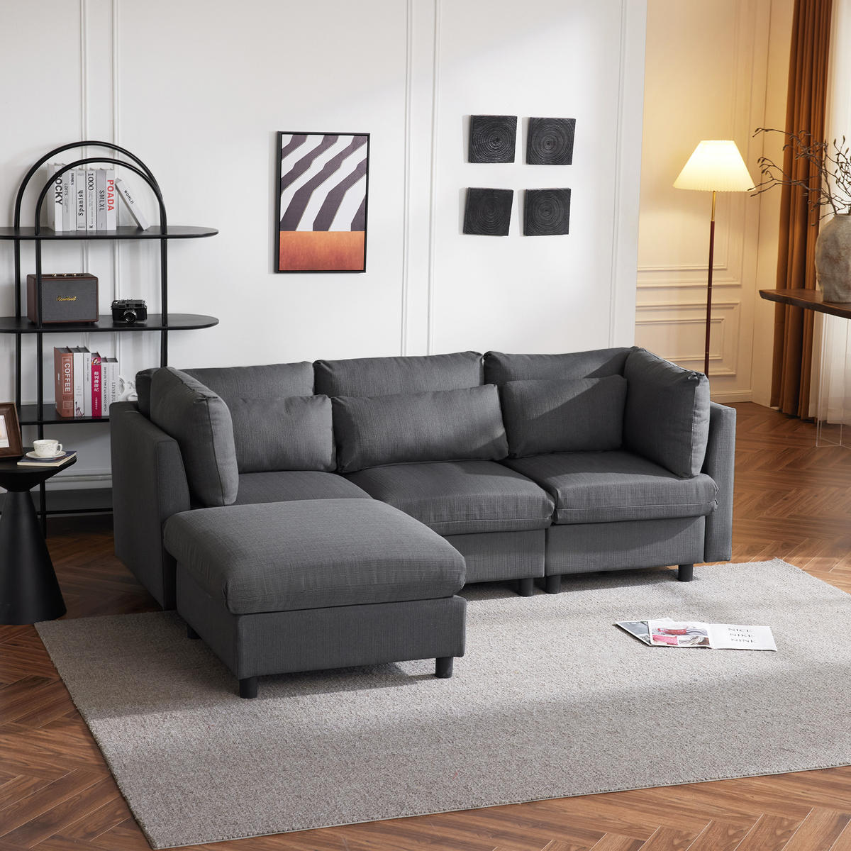 MODULSOFA Ecksofa L-Form mit Hocker Modern Grau 3-Sitzer - Grau, Holz (76/76cm) - FLIEKS