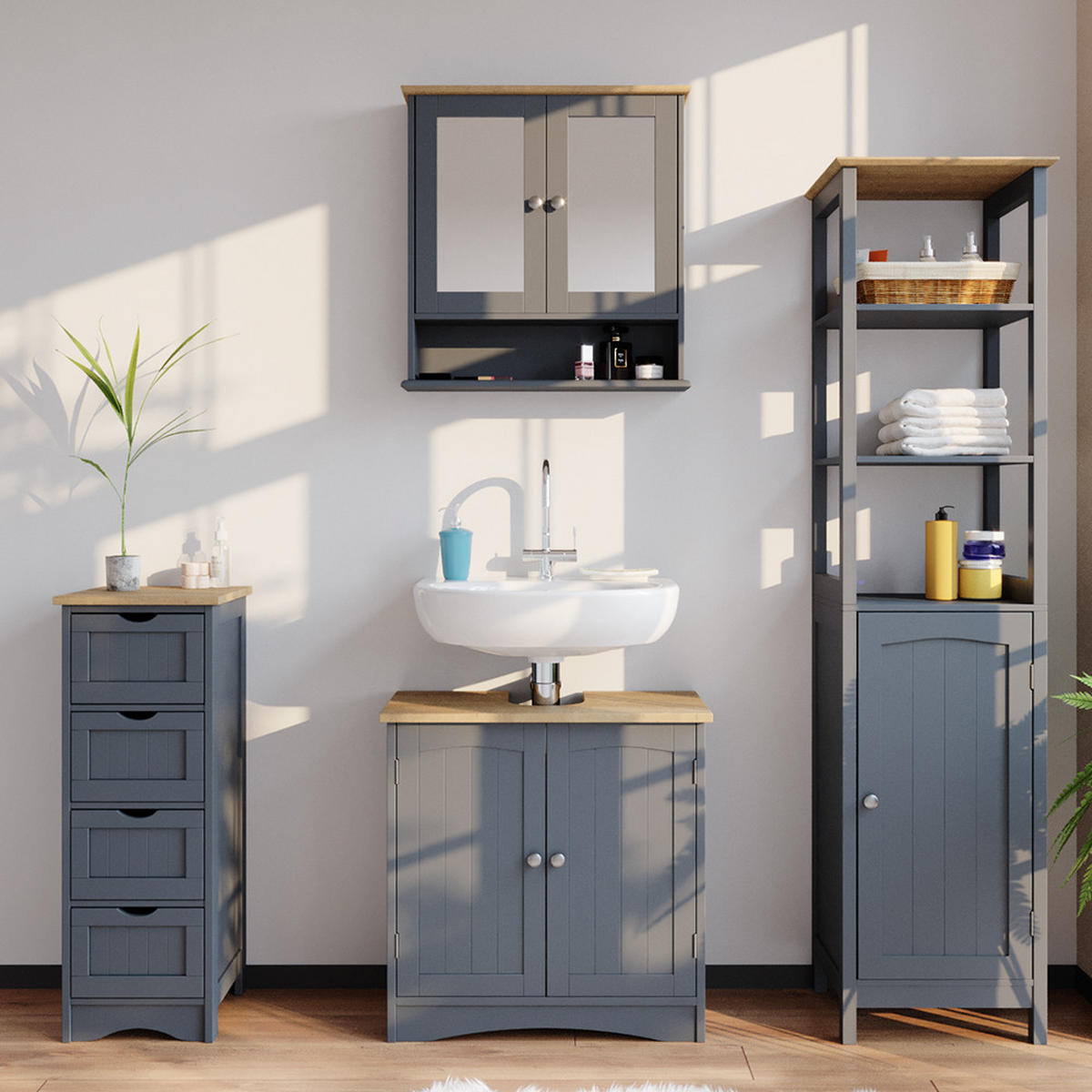 BADMÖBEL-SET Bianco Grau 4 Teile - Grau, Holzwerkstoff (60/60/30cm) - Vicco