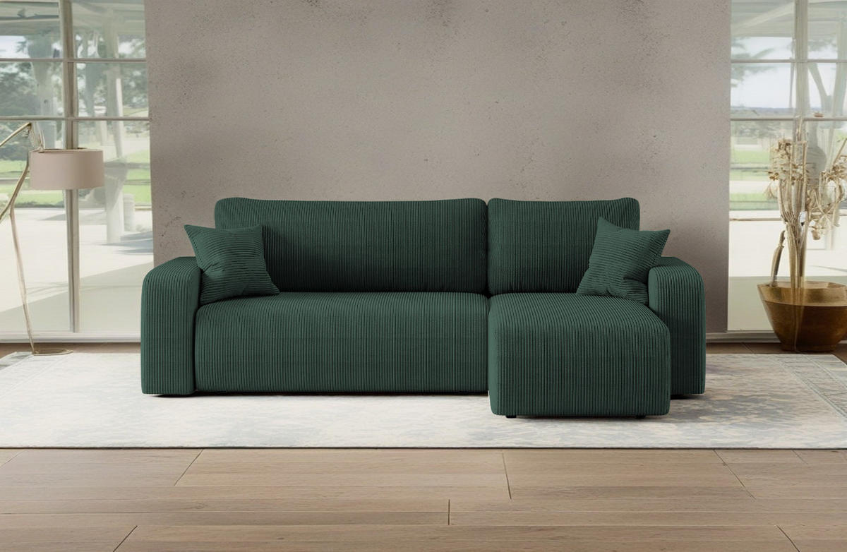 ECKSOFA L-FORM Schlaffunktion Und Bettkasten Eckcouch MILANO L Stoff Dicker Cord Grün Rechts - Grün, Holz/Textil (244/142cm) - Kaiser Möbel