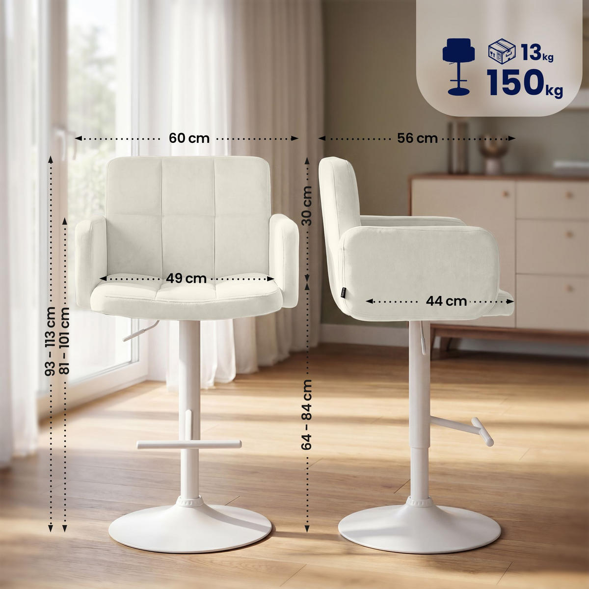 BARHOCKER 2 Samt Creme - Creme/Weiß, Textil/Metall (60/93/56cm) - CLP