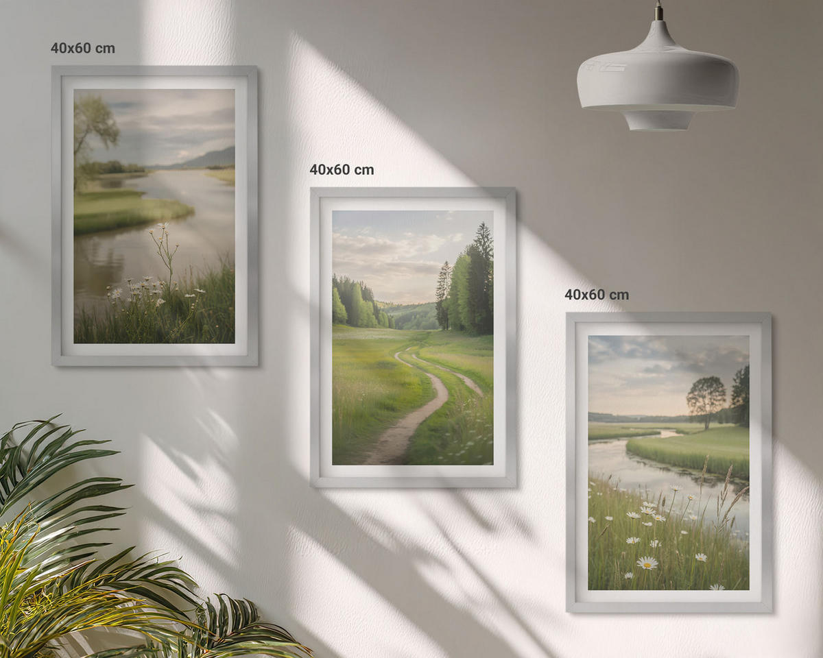 BILDER SET 3er Set - 40x60 cm Silberner Rahmen - Sommerliche Flusswiesen voller Blumen - Silberfarben, Kunststoff (40/60cm) - TULUP