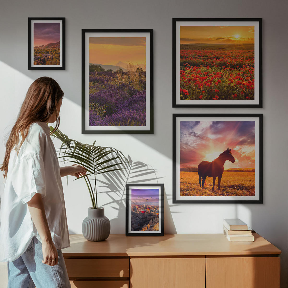 BILDER SET 5er Set - 50x50 cm & 20x30 cm & 40x60 cm Schwarzer Rahmen - Berglandschaft Rosslavendel - Schwarz, Kunststoff (40/60cm) - TULUP