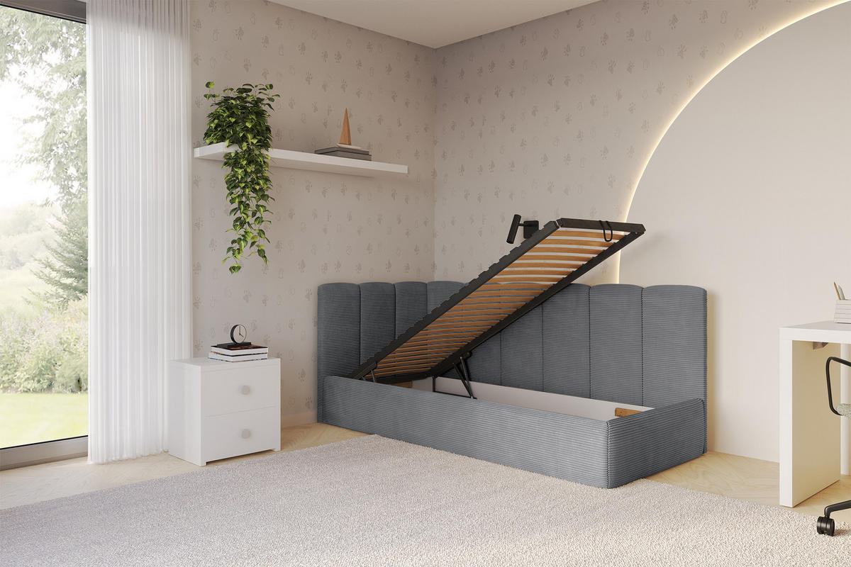 EINZELLBETT Jugendbett mit Bettkasten und Matratze H3/H4, Rechts - DEXY 80x200 Dunkelgrau - Schieferfarben, Holzwerkstoff/Textil (80/200cm) - ALTDECOR