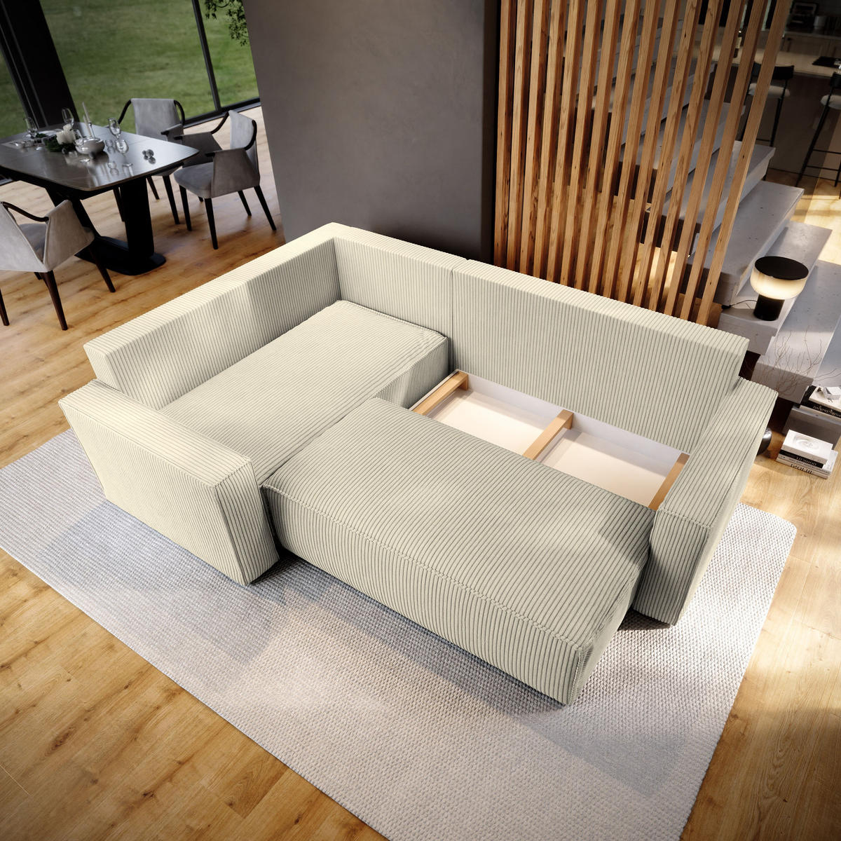 ECKSOFA ESTANO L-S Creme Kordstoff mit Schlaffunktion - Creme, Holz (230/158cm) - MASSENO