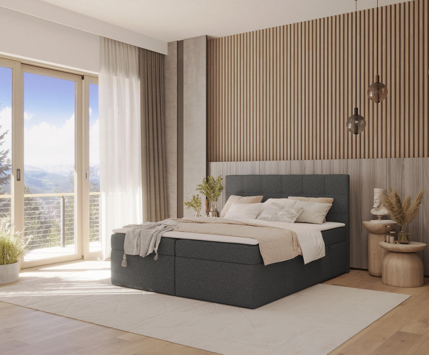 Thumbnail - AltaBeds Boxbett, Anthrazit, Textil, Buche, Kiefer, H2, Höhe ca. 18 cm, 160x200 cm, Handmade in Europe, Schlafzimmer, Be...