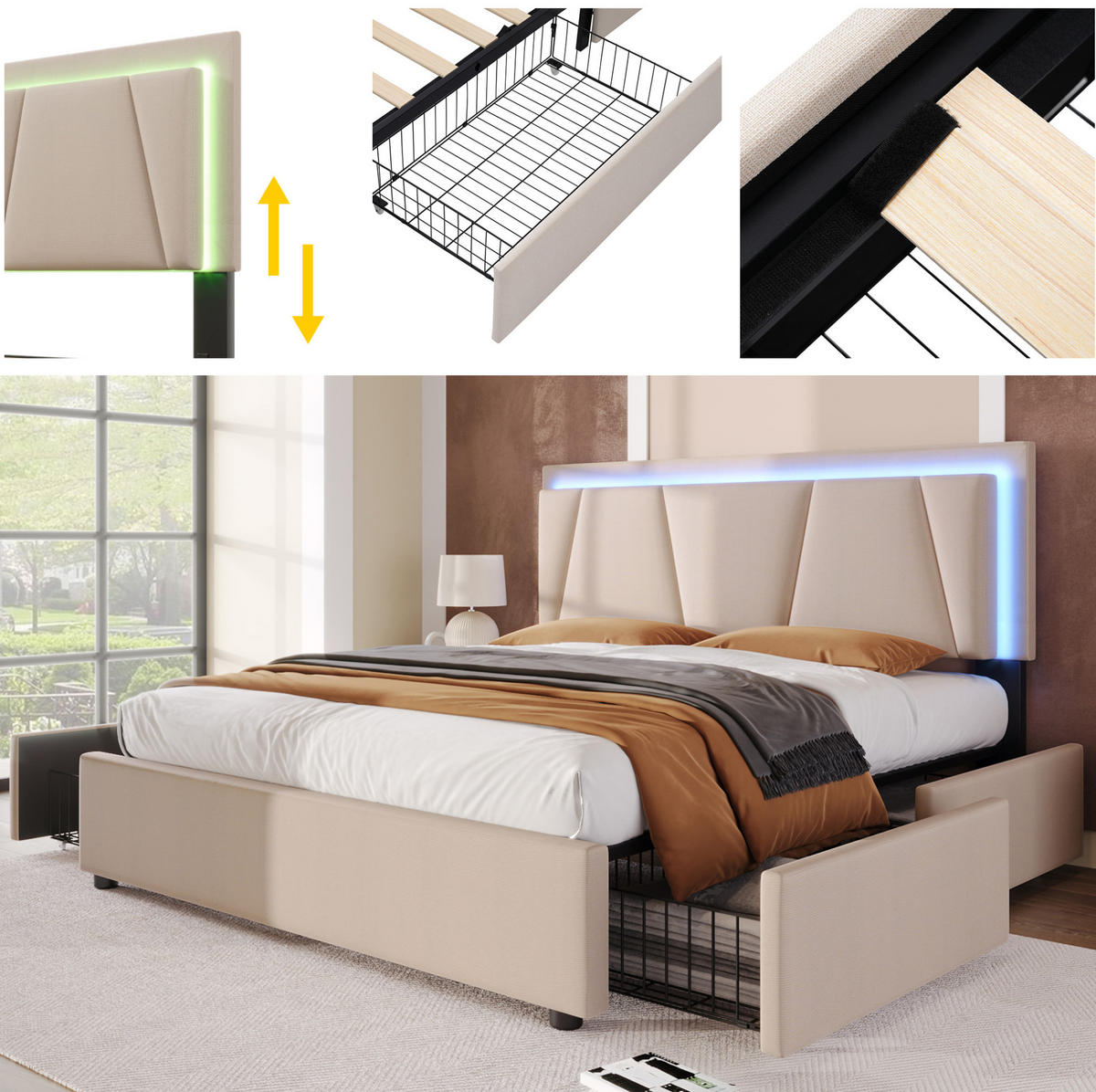 ČALOUNĚNÁ postel 140/200 cm béžová z dřeva s LED osvětlením a 4 zásuvkami - béžová, kompozitní dřevo (140/200cm) - OKWISH