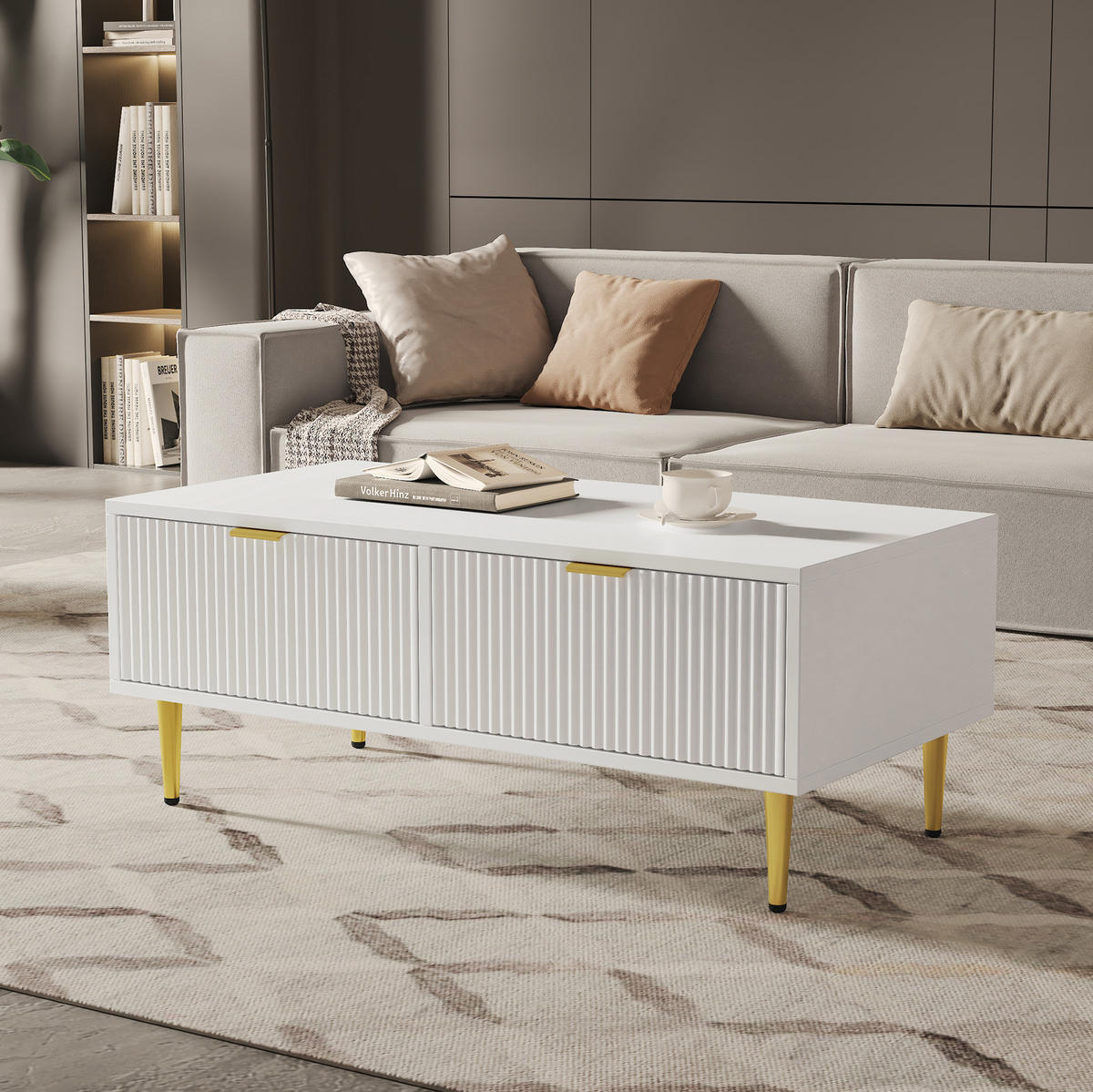 COUCHTISCH 100/50/40 cm mit 2 Schubladen und Ablageboden in Streifenoptik, Weiß/Gold - Weiß, Holzwerkstoff (100/50/40cm) - Redom
