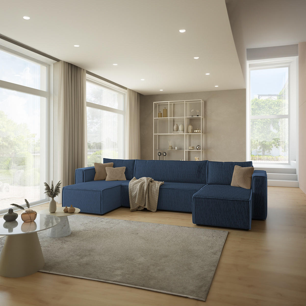 PANORAMASOFA Ezekiel 5 Sitzplätze Blau - Blau, Holz (309/73/145cm) - Petits-meubles