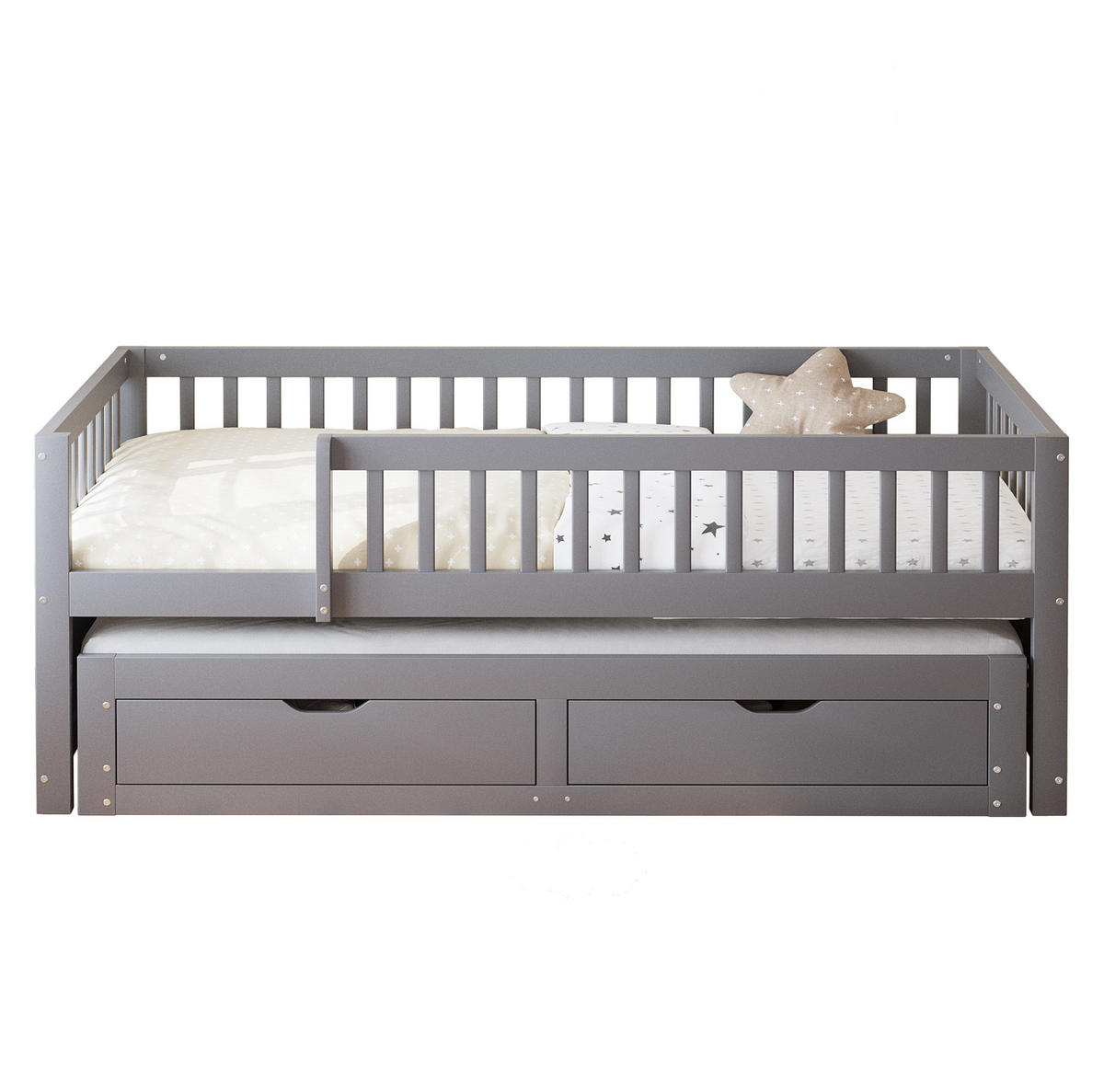 KINDERBETT aus Massivholz 90x200 cm in Grau mit Ausziehbett & 2 Schubladen - Grau, Holz (90/200cm) - Modfu
