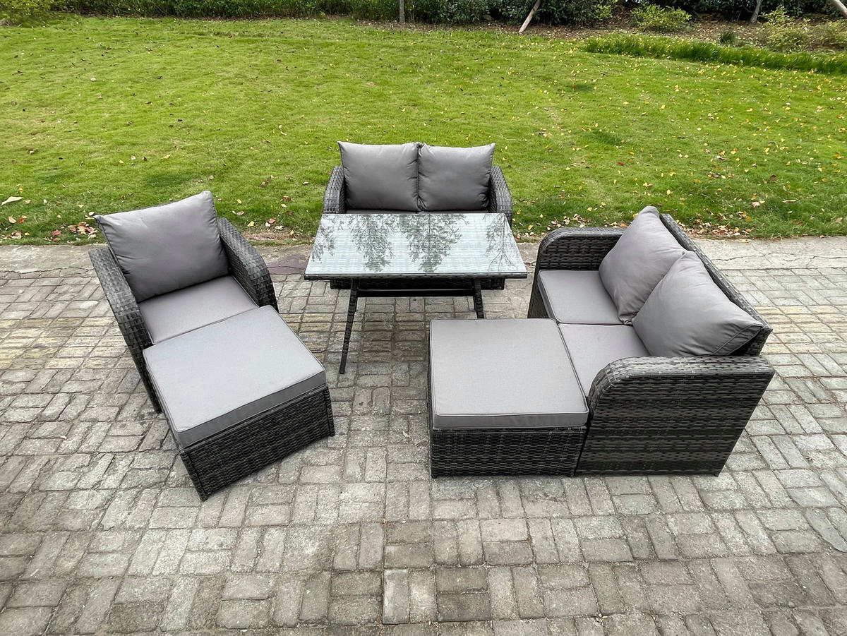 GARTENMÖBELSET mit ESSTISCH,SOFA Polyrattan 7-Sitzer - Dunkelgrau/Grau, Glas/Kunststoff - Fimous